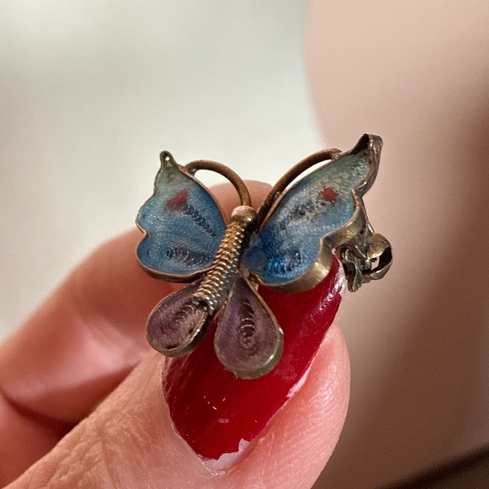 Antique 800 silver deco Filagree blue plique-a-jour Enamel tiny Butterfly brooch - Picture 17 of 17